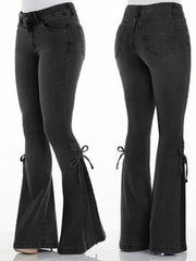 Inrosy jeans patte d'éléphant slim flare évasé nœud poches fermeture éclair mi taille femme mode vintage pantalon