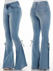 Inrosy jeans patte d'éléphant slim flare évasé nœud poches fermeture éclair mi taille femme mode vintage pantalon