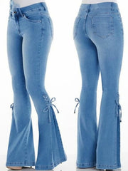 Inrosy jeans patte d'éléphant slim flare évasé nœud poches fermeture éclair mi taille femme mode vintage pantalon
