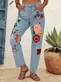 Inrosy pantalon carotte en jean fleurie boutons poches fermeture éclair femme mode décontracté