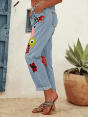 Inrosy pantalon carotte en jean fleurie boutons poches fermeture éclair femme mode décontracté