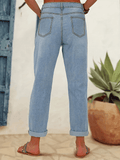 Inrosy pantalon carotte en jean fleurie boutons poches fermeture éclair femme mode décontracté