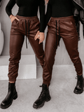 Inrosy pantalon carotte slim fitness simili cuir poches coulisse taille femme mode décontracté legging