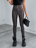 Inrosy leggings slim fitness unicolore simili cuir boutons fermeture éclair taille haute femme pantalon