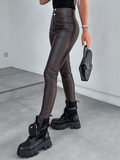 Inrosy leggings slim fitness unicolore simili cuir boutons fermeture éclair taille haute femme pantalon