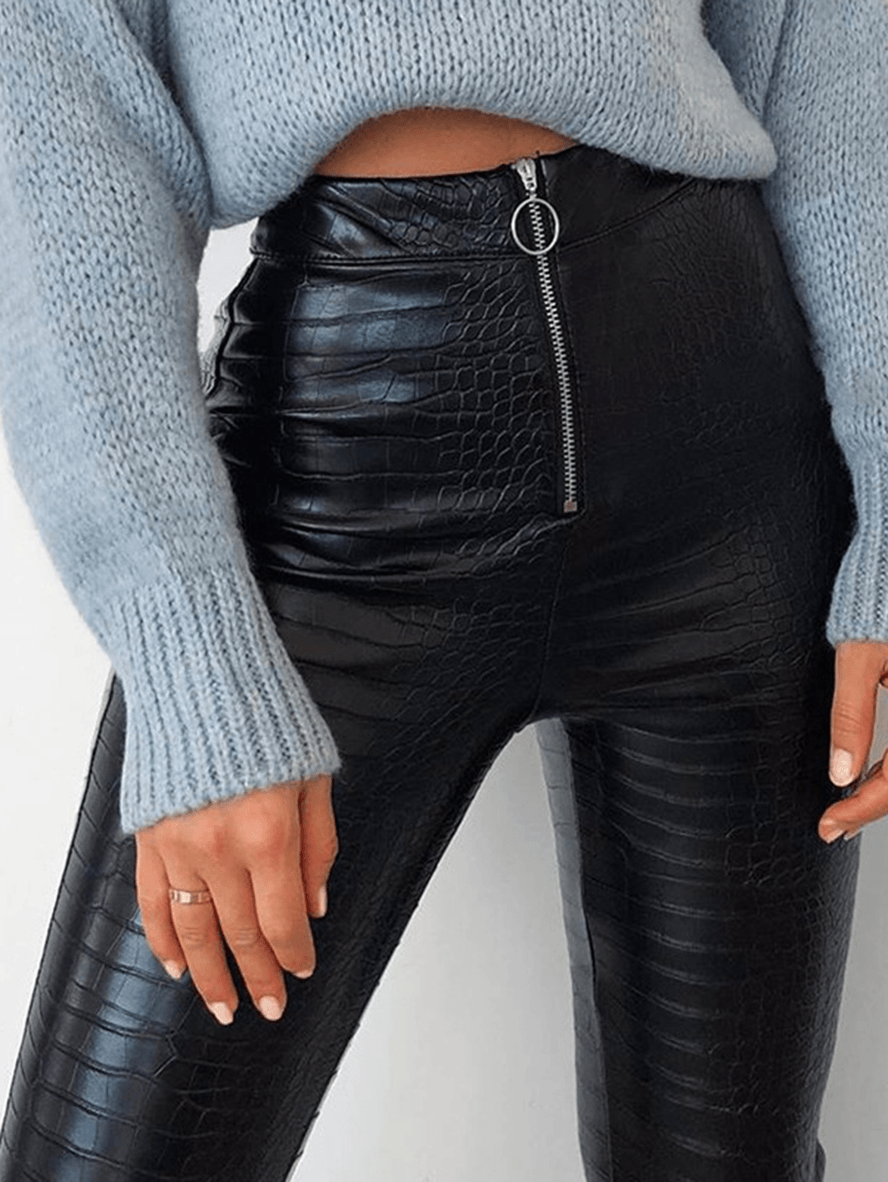 Inrosy leggings slim fitness crocodile simili cuir fermeture éclair taille haute femme mode décontracté pantalons noir
