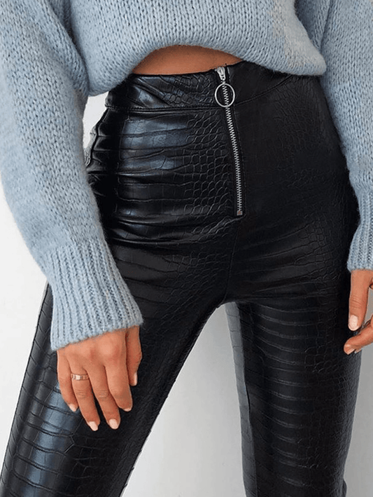 Inrosy leggings slim fitness crocodile simili cuir fermeture éclair taille haute femme mode décontracté pantalons noir