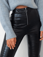 Inrosy leggings slim fitness crocodile simili cuir fermeture éclair taille haute femme mode décontracté pantalons noir