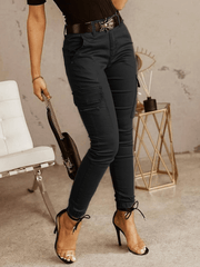 Inrosy pantalons cargo slim fitness boutons poches fermeture éclair taille basse femme casual mode décontracté