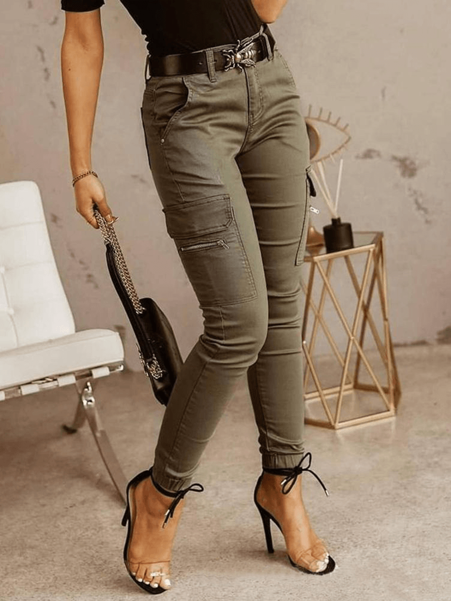 Inrosy pantalons cargo slim fitness boutons poches fermeture éclair taille basse femme casual mode décontracté