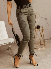 Inrosy pantalons cargo slim fitness boutons poches fermeture éclair taille basse femme casual mode décontracté