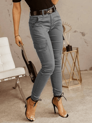 Inrosy pantalons cargo slim fitness boutons poches fermeture éclair taille basse femme casual mode décontracté