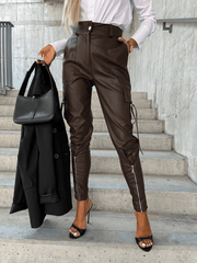 Inrosy pantalons carotte unicolore simili cuir boutons poches ceinture fermeture éclair femme mode décontracté bas