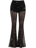 Inrosy pantalons flare évasé unicolore tulle strass taille haute femme mode décontracté bas