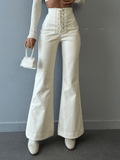 Inrosy pantalons flare évasé simili cuir nœud avec à lacets taille haute femme mode décontracté bas