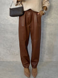 Inrosy pantalon carotte simili cuir poches taille élastique femme élégant mode décontracté