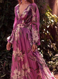 Inrosy robe longue imprimé fleurie fluide v-cou manches longues élégant violet