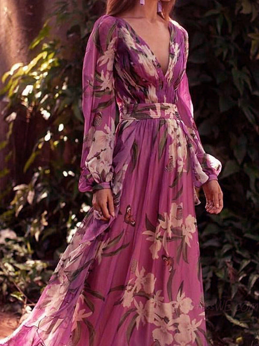 Inrosy robe longue imprimé fleurie fluide v-cou manches longues élégant violet