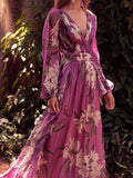 Inrosy robe longue imprimé fleurie fluide v-cou manches longues élégant violet