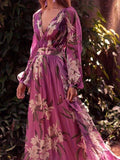 Inrosy robe longue imprimé fleurie fluide v-cou manches longues élégant violet