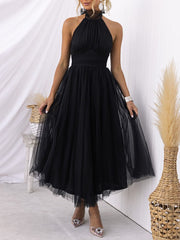 Inrosy robe longue découpes bouffante tutu tulle trapèze noeud papillon licou sans manches doux élégant de cocktail