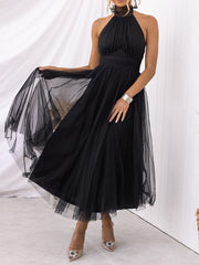 Inrosy robe longue découpes bouffante tutu tulle trapèze noeud papillon licou sans manches doux élégant de cocktail
