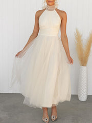 Inrosy robe longue découpes bouffante tutu tulle trapèze noeud papillon licou sans manches doux élégant de cocktail