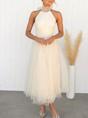 Inrosy robe longue découpes bouffante tutu tulle trapèze noeud papillon licou sans manches doux élégant de cocktail