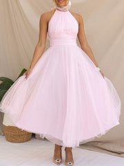 Inrosy robe longue découpes bouffante tutu tulle trapèze noeud papillon licou sans manches doux élégant de cocktail