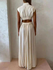 Inrosy robe longue découpes fluide poches fermeture éclair col roulé sans manches élégant femme boho décontracté