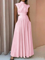 Inrosy robe longue découpes fluide poches fermeture éclair col roulé sans manches élégant femme boho décontracté