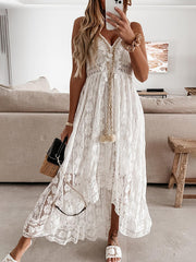 Inrosy robe longue court devant longue derriere dentelle pompons v-cou sans manches femme bohème de plage