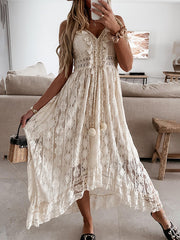 Inrosy robe longue court devant longue derriere dentelle pompons v-cou sans manches femme bohème de plage
