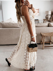 Inrosy robe longue court devant longue derriere dentelle pompons v-cou sans manches femme bohème de plage