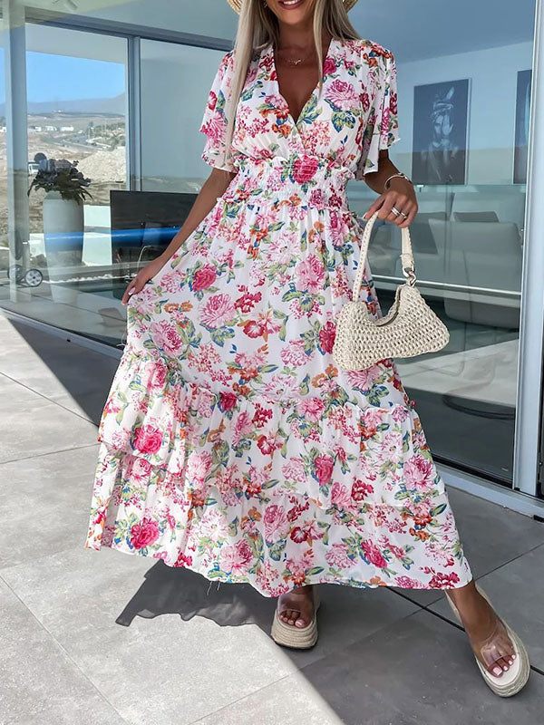 Inrosy robe longue imprimé à fleurie à volantée v-cou manches courtes femme décontracté de plage