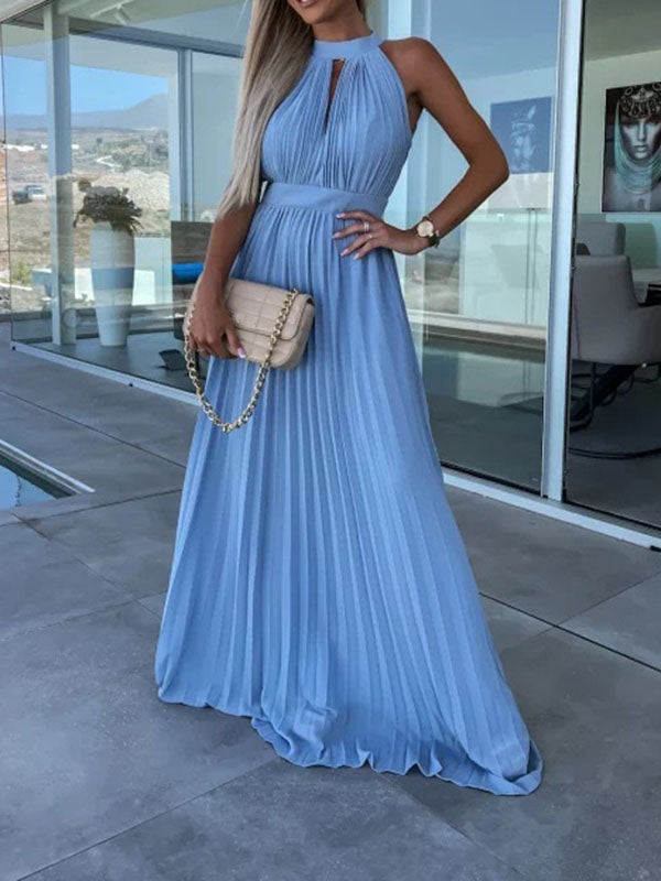 Inrosy robe longue découpes plissé dos nu licou sans manches élégant femme bal de promo