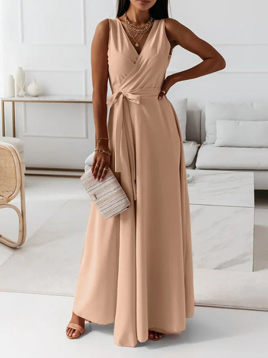Inrosy robe longue fluide papillon nœud ceinture bretelle v-cou sans manches femme élégant bal de promo