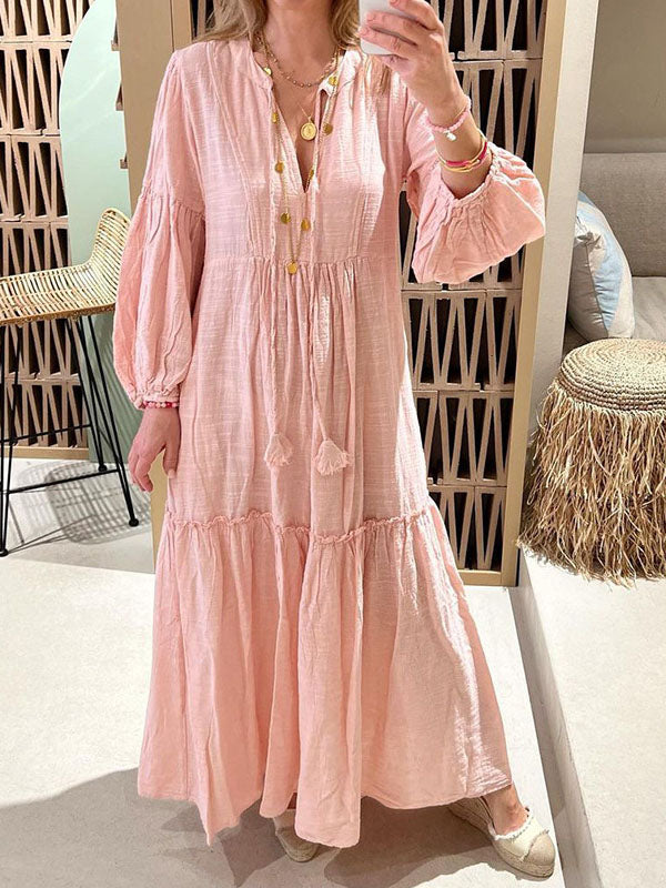 Inrosy robe longue en lin à volantée fluide v-cou manches bouffantes manches longues femme bohème ample décontracté