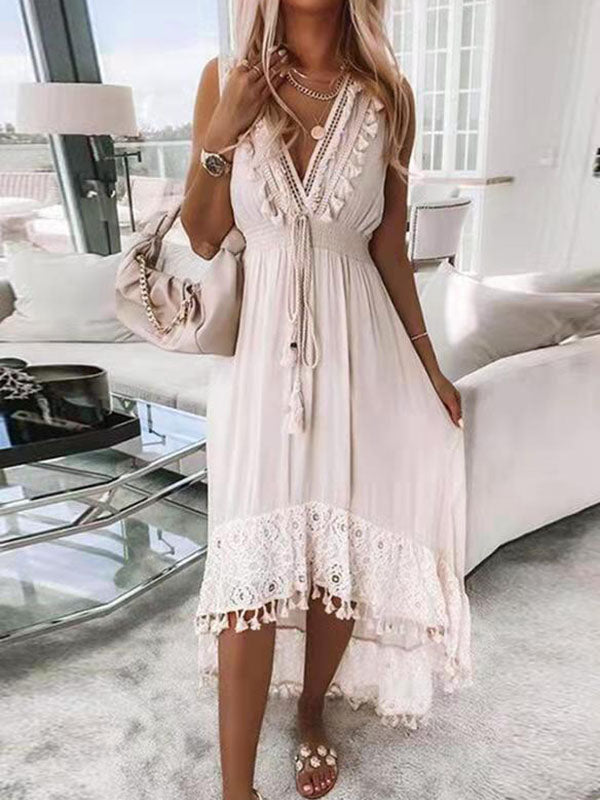 Inrosy robe longue court devant longue derriere dentelle fluide frange nœud v-cou sans manches femme bohème de plage