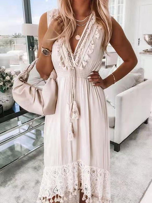 Inrosy robe longue court devant longue derriere dentelle fluide frange nœud v-cou sans manches femme bohème de plage