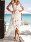 Inrosy robe longue dentelle swallowtail à fines brides v-cou sans manches femme élégant boho décontracté plage