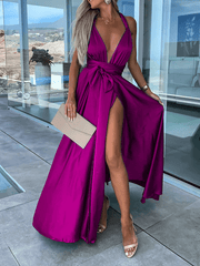 Inrosy robe longue fendu le côté ceinture dos nu licou décolleté plongeant sans manches femme élégant bal de promo