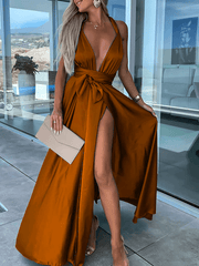 Inrosy robe longue fendu le côté ceinture dos nu licou décolleté plongeant sans manches femme élégant bal de promo
