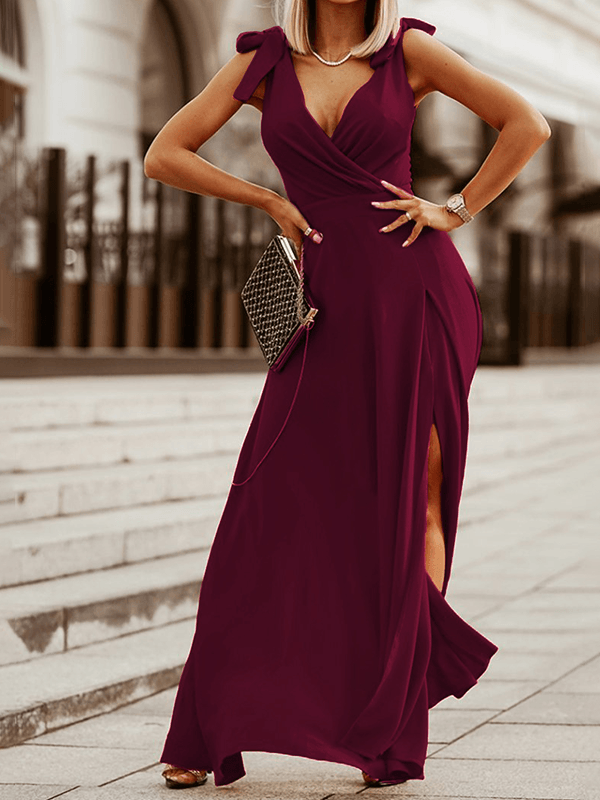 Inrosy robe longue moulante fendu le cote fluide noeud papillon bretelle v cou sans manches femme elegant de promo inrosy