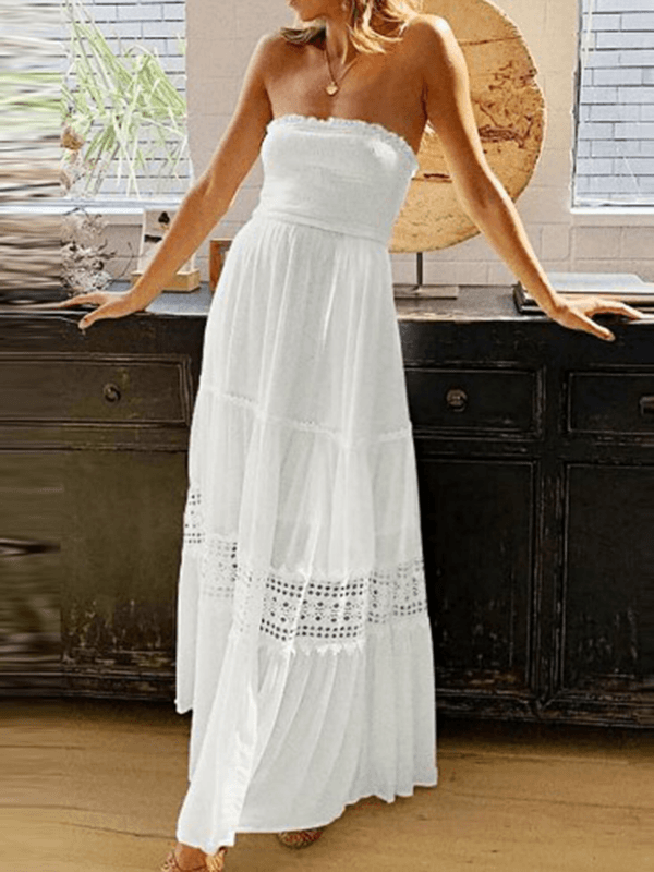 Inrosy robe longue dentelle mousseline fluide plissé bustier dos nu sans manches doux femme élégant bohème de plage