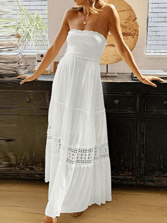 Inrosy robe longue dentelle mousseline fluide plissé bustier dos nu sans manches doux femme élégant bohème de plage