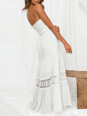Inrosy robe longue dentelle mousseline fluide plissé bustier dos nu sans manches doux femme élégant bohème de plage