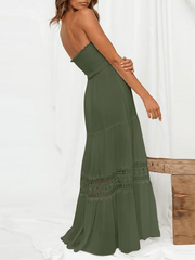 Inrosy robe longue dentelle mousseline fluide plissé bustier dos nu sans manches doux femme élégant bohème de plage