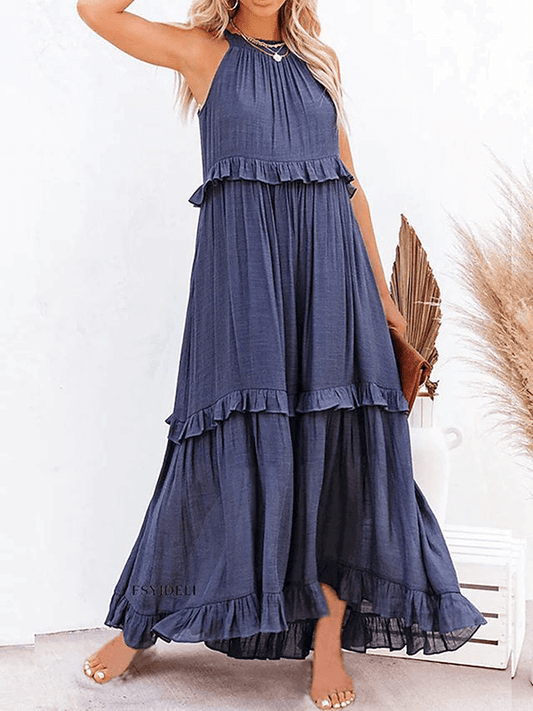 Inrosy robe longue à volantée noeud papillon nœud licou sans manches femme bohème décontracté de plage
