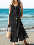 Inrosy blouse robe longue coton fendu boutonnage v-cou sans manches femme lâche décontracté de plage